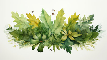 a watercolor illustration by erik johansson showcasing a joyful celebration of nature. the artwork features various types of plants in light green and bronze tones, reminiscent of alexandre calame's leaf patterns. the symmetrical composition adds to the overall aesthetic appeal of this captivating illustration. ai generatedの素材