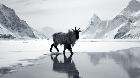 a sheep walks gracefully across frozen water, navigating through snowy rocks. this captivating photograph captures the essence of januz miralles' style, combining elements of techno shamanism, david nordahl's artistry, and david yarrow's wildlife photography. the image also evokes the spirit of contemporary asian art, with its unsettling emptiness and symbolic nabis influences. ai generatedの素材