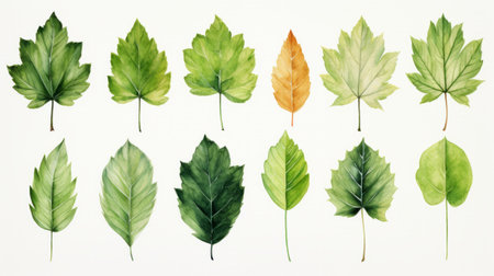 a vibrant watercolor painting featuring realistic leaves, branches, palms, grass, pears, and irises. the artwork showcases a skillful use of light and color, with flat shading and tonal variations in light green and dark amber. inspired by the washington color school, this piece exhibits hand-coloring techniques and meticulous attention to realistic detail. ai generatedの素材