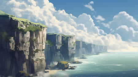 a breathtaking beach scene featuring majestic mountains, cliffs, and clouds in the background. this concept art-style photograph captures the realistic perspective of the landscape, reminiscent of the works of noah bradley, alena aenami, and akihiko yoshida. the tender depiction of nature adds to the overall beauty of this stunning image. ai generatedの素材