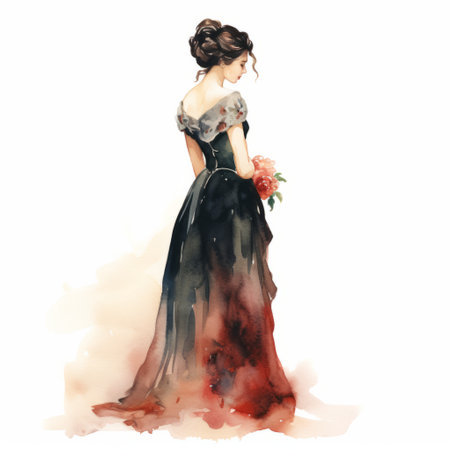 a woman in an evening gown is depicted in this realistic watercolor painting. the gothic illustration showcases a dark gray and light crimson color palette, with delicate flowers adding a touch of elegance. the hand-painted details enhance the romantic drama of the illustration. ai generatedの素材