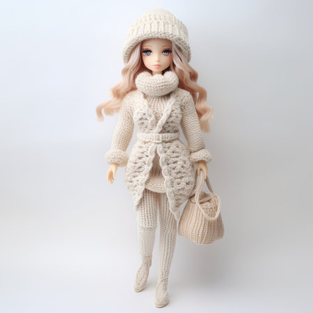 a brown doll wearing white knitted clothing and carrying a white bag. this doll is styled in the elegant and simple fashion of artists like bella kotak, fuyuko matsui, pure color, camilla derrico, and pop kei. the doll's appearance follows a monochromatic color scheme, adding to its overall charm. ai generatedの素材