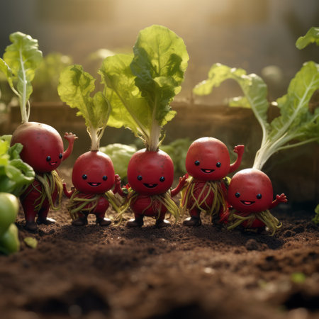 a set of green and yellow radishes is arranged on a dirt floor, showcasing inventive character designs. the vibrant colors of light crimson, dark red, and light indigo create a playful atmosphere. captured with a zeiss batis 18mm f2.8 lens, this photo embodies the essence of monochromatic landscapes and the emerging trend of miniaturecore. ai generatedの素材