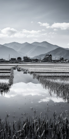a black and white photo captures the serene beauty of a rice field during the rainy season. inspired by the style of tatsuo miyajima, this image showcases reflex reflections and the artistic vision of joong keun lee. reminiscent of national geographic photos, it portrays urban landscape scenes with a touch of light indigo and blue. shot with the zeiss batis 18mm f2.8 lens. ai generatedの素材