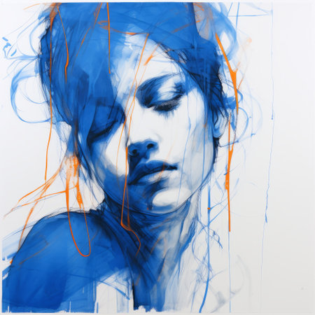blue and orange abstract water-based ink monoprint by sandra dobratzo. this 77 x 71 cm artwork showcases the artist's unique style, reminiscent of paul hedley and karol bak. with brushstroke-intensive portraits and influences from serge marshennikov, graffiti installations, and flat figuration, dobratzo's work combines elements of soft brushstroke realism with abstract expression. ai generatedの素材