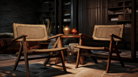 couple of wooden and wicker chairs in a living room, showcasing the mesmerizing style of unreal engine 5. influenced by mesoamerican aesthetics, the scene exudes a dark and moody ambiance, with outdoor scenes and glazed surfaces adding to the rusticcore vibe. the realistic hyper-detail of the chairs enhances the overall visual appeal. ai generatedの素材