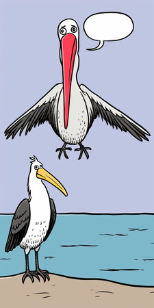 two cartoonish birds, a talking pelican and a laughing pelican, are depicted in this comic strip-style artwork. the image showcases a humorous scene with a touch of roguecore, featuring forced perspective and precise nautical details. created by the talented artist brian stelfreeze, the artwork prioritizes conveying emotions rather than realism. ai generatedの素材