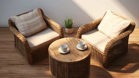 a rendered image of a rattan furniture set, showcasing a domestic interior design. the light-colored, white and brown rattan pieces add a touch of traditional japanese style to the space. the creative commons attribution license allows for its use. the scene is enhanced with quirky pottery, creating a tranquil and serene atmosphere. ai generatedの素材