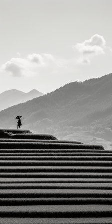 the man is walking across the field in black and white, reminiscent of traditional japanese artistic techniques. this captivating photo captures the essence of artists like joong keun lee and duy huynh, who draw inspiration from terraced cityscapes. with a touch of traditional vietnamese and the artistic flair of sopheap pich, this image is a stunning representation of cultural fusion. ai generatedの素材