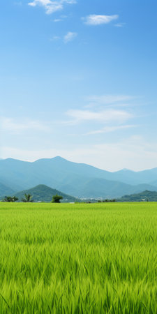 green hay fields stretch out into the distance, resembling the serene simplicity of japanese-style landscapes. the mountainous vistas provide a picturesque backdrop, while the light sky-blue and green hues create a tropical ambiance. captured with a ricoh ff-9d, this photo embodies the essence of oshare kei, blending natural beauty with artistic flair. ai generatedの素材