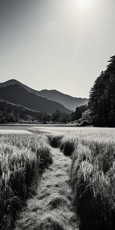 a black and white photograph featuring a wheat field, mountains, and a coastal landscape in the style of shin hanga. the image captures the essence of the edo period with its subtle use of light and shadow. the vibrant landscapes and romantic riverscapes evoke a sense of tranquility. shot with the samyang af 14mm f/2.8 rf lens. ai generatedの素材