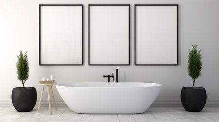 three black tubs with plants are showcased in a framed scene against a white background. this minimalist composition exudes simplicity and a monochromatic color palette. the luxurious and bold chromaticity adds to its serene beauty. the image, captured in uhd, highlights the contrast between light gray and dark black, enhancing the bold structural designs. ai generatedの素材
