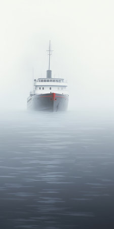 fog in the water captured in a contemporary canadian art style, resembling a hyperrealistic illustration. this digital painting and drawing showcases maritime scenes with a stark simplicity. the silver and red tones add depth and intrigue to the image, taken with the zeiss milvus 25mm f/1.4 ze lens. ai generatedの素材