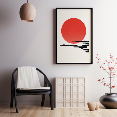 a poster showcasing an oriental minimalist style with a framed image of a sunset on a white background. the design incorporates light red and light black colors, rounded forms, and a touch of mysterious symbolism. inspired by kozo yokai, the artwork portrays calm waters and is rendered in cinema4d. ai generatedの素材