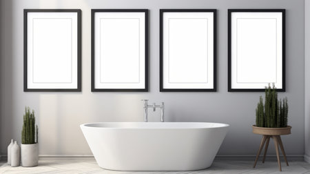 framed pictures hang elegantly above a bathtub and white toilet in a modern bathroom. the black and gray color scheme, reminiscent of the late 19th century, adds a touch of sophistication. with smooth lines and a matte background, these pictures bring a sense of artistic flair to the space. experience the high-quality 8k resolution and sketchfab style of these stunning frames. ai generatedの素材