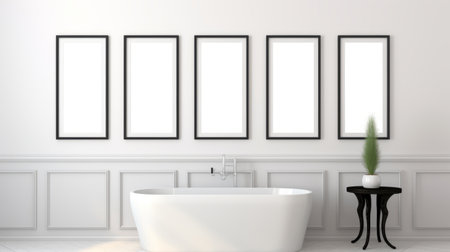 three white frames hang above a white lg tub in a bathroom, showcasing neoclassical clarity. the matte photos within the frames feature simplistic cartoon designs with high contrast black and white tones. the rounded frames and emphasis on negative space add to the overall aesthetic. ai generatedの素材