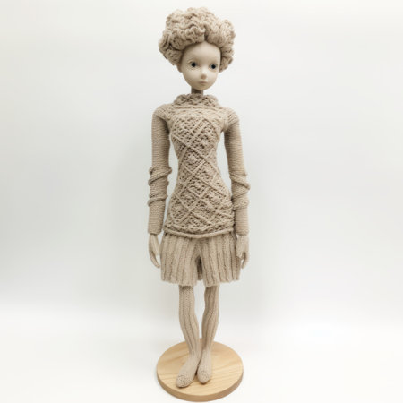a beige doll with intricate details, standing on a wooden base, showcasing monochromatic symmetry. this hyperrealistic sculpture features a knitted and crocheted costume, with meticulous attention to fashion and jewelry. inspired by whimsical manga, the doll's joints and connections are the focal point of this art piece created by painters and sculptors. ai generatedの素材