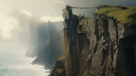 a cliff edge overlooking the ocean, featuring a stunning matte painting style. the monumental architecture blends seamlessly with the mallgoth aesthetic, creating a unique visual experience. captured in mesmerizing 8k resolution, this image is a perfect representation of hikecore, showcasing the stark contrasts between nature and man-made fantastical contraptions. ai generatedの素材