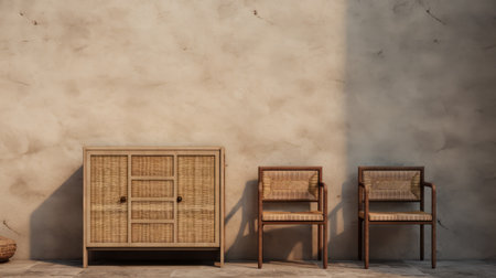 the outdoor furniture set, consisting of chairs and a table, is placed in front of a textured wall adorned with a rug. the scene is reminiscent of mediterranean landscapes and is designed in the style of unreal engine 5. the textures are rich and rough, creating a haptic surface. this cabincore-inspired setting showcases a 32k uhd resolution. ai generatedの素材