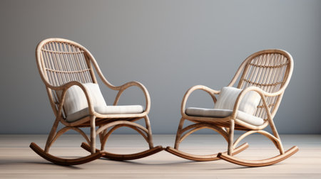 two rocking chairs, beautifully crafted in an exotic indonesian art style, are showcased on a sleek gray screen. rendered with hyper-detailed realism using vray tracing in maya, these light white and light brown chairs exude elegance. perfect for relaxation and adding a touch of sophistication to any space. explore these stunning renderings on sketchfab. ai generatedの素材