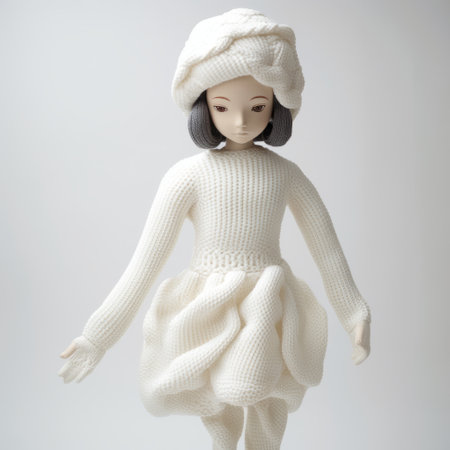a doll dressed in white, blue, or green outfits, showcasing layered organic forms and hyperbolic expressions. the doll's attire features a combination of dark white and light beige colors, reflecting the dolly kei and arabesque styles. the outfits are intricately knitted and crocheted, embodying a sense of monochromatic minimalism. ai generatedの素材