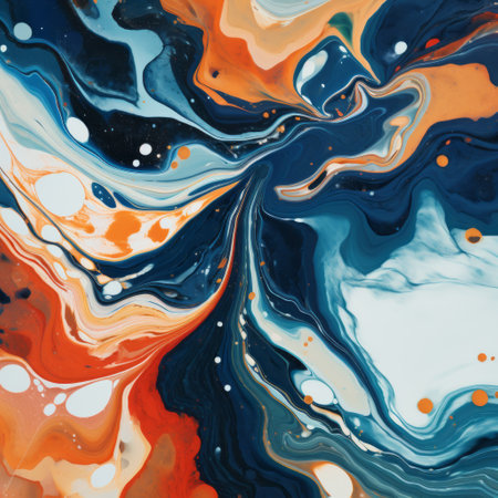 an abstract painting featuring blue and orange swirls, showcasing fluid formations and an ominous vibe. the dark orange and white colors create a marbleized effect, while the aerial abstractions add depth. the contrasting backgrounds enhance the blink-and-you-miss-it details of this captivating artwork. ai generatedの素材
