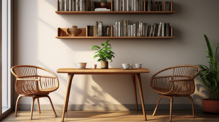 a stunning 3d illustration showcases a room or balcony adorned with chairs, a table, and a bookshelf amidst lush greenery. the scene, created with vray tracing, exudes a sense of classic japanese simplicity with its light brown color palette. playing with light and shadow, this 32k uhd image captures the organic and fluid essence of midcentury modern design. ai generatedの素材