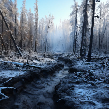 a snow-covered forest landscape with a burned and charred style, showcasing the luminosity of water. this national geographic photo captures the transcendental surrealism of the scene, with soft and atmospheric lighting creating a mesmerizing effect. the backlight adds depth and enhances the overall beauty of this uhd image. ai generatedの素材