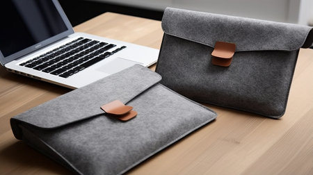 two gray felt cases with a brown leather strap, showcasing the style of computer-aided manufacturing. these cases feature subtle shading, smooth surfaces, and a perfect blend of opacity and translucency. ideal for study places, kimoicore, writer academia, and anyone seeking a sleek and functional storage solution. ai generatedの素材