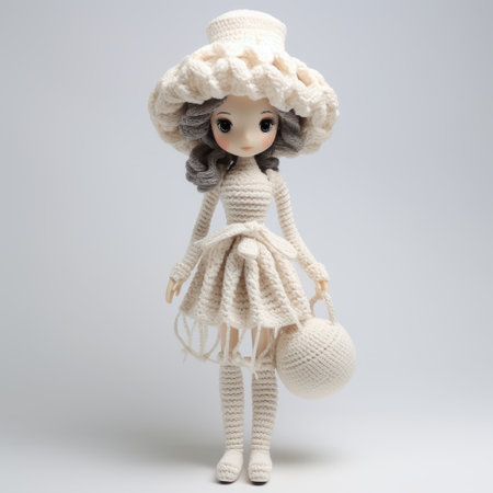 a doll knitting pattern featuring a tan and white doll, with a playful use of light and shadow. the pattern showcases conceptual elegance and is set against a white background. this 7th edition pattern is available in 32k uhd and offers whimsical dreamscapes, monochromatic layers, and elaborate costumes. ai generatedの素材