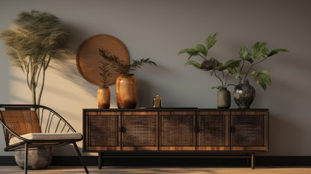 the art deco living room showcases two chairs and a console table, featuring realistic and naturalistic textures. with a rustic still life aesthetic, it incorporates asian-inspired elements and a color palette of dark gray and brown. the room exudes tropical symbolism and embraces a natural minimalism approach. this 32k uhd photo captures the essence of this unique design. ai generatedの素材