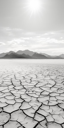 a black and white photograph capturing the beauty of mountains and a deserted landscape. this image, with its dry wit humor and hyper-realistic water, evokes a sense of environmental awareness. the cracked details and subtle color palette add depth to the composition, while the grid structure enhances the vibrant and high-energy imagery. ai generatedの素材
