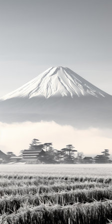 a japanese forest, captured in silver and gray tones, stands against a majestic mountain in this stunning photograph. taken using traditional photographic techniques, this national geographic photo showcases the intricate world-building found in japanese landscapes. shot with a nikon af600, the image beautifully captures the serene beauty of snow scenes and hazy landscapes. ai generatedの素材