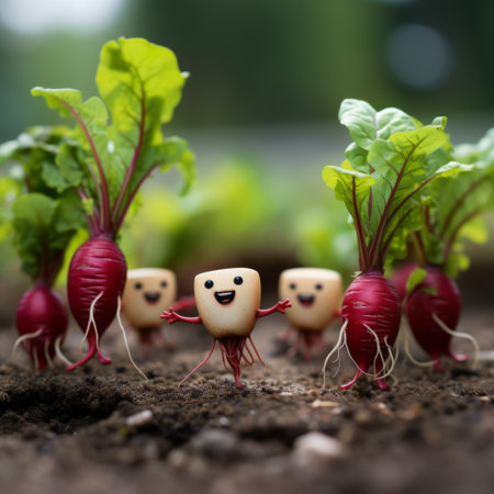 mini radishes and greens are arranged in a playful character style, capturing the essence of artists like joel robison and smilecore. the vibrant colors of the radishes, in light maroon and white, pop against the backdrop of the sun. this captivating image was captured using the samyang af 14mm f2.8 rf lens. the scene evokes a sense of restoration and repurposing, beautifully portrayed by toothの素材