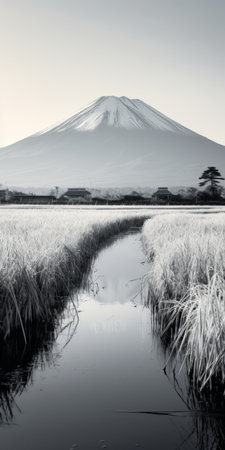 japanese rice field and fuji mountain captured by adrian jones in a monochrome palette. the photograph showcases flowing brushwork and a painterly quality, with a shallow depth of field adding layers of texture. the white and silver tones enhance the iconic imagery of this stunning landscape. ai generatedの素材