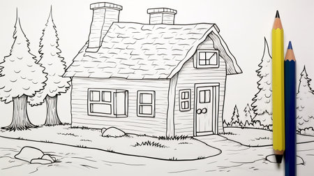 a photo of a coloring book page featuring free illustrations of a small wooden house. the coloring pages are designed for adults and are done in a style reminiscent of rough-edged 2d animation, surreal animation, and cartoon realism. the color palette consists of light gray and black, with whimsical watercolor elements. the scene is depicted on a large scale, creating a cartoon mis-en-scene. ai generatedの素材