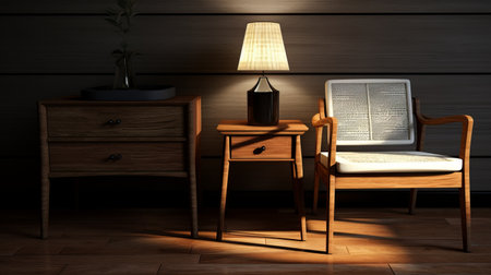 two stools, a lamp, and a chair are arranged near a small side table in this photo. the lighting is realistic, with photorealistic details that showcase the japanese traditional style. the image is in 8k resolution, featuring a captivating blend of dark white and light brown tones. the flickering light adds a cozy and rustic cabincore vibe to the composition. ai generatedの素材