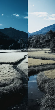 a darkened mountain landscape photography captured in the style of japanese photography. processed using darktable, the image showcases narrative diptychs and features the tokina at-x 11-16mm f/2.8 pro dx ii lens. the composition highlights a combination of light beige and dark aquamarine tones, creating bucolic scenes with high contrast. ai generatedの素材