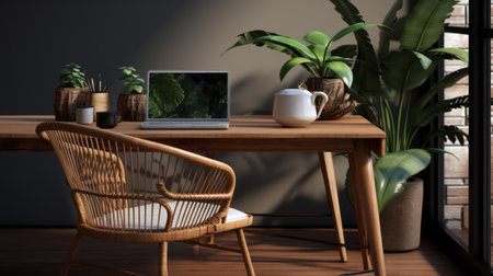 an old wooden desk adorned with lush plants sits gracefully near an open window. this captivating scene, rendered in cinema4d, exudes tropical symbolism. perfect for a website, the image showcases its 32k uhd resolution and the power of an intel core processor. with innovating techniques, it emanates understated sophistication. ai generatedの素材