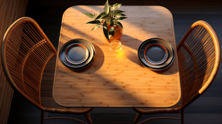 a plate with silverware is elegantly arranged on a table, showcasing the stunning visuals of unreal engine 5. the scene captures the enigmatic tropics, with a captivating juxtaposition of light and shadow. rendered in unreal engine, the image exhibits a mesmerizing blend of light black and light amber hues. the aerial view adds a touch of realism and lifelike accuracy to the composition. ai generatedの素材