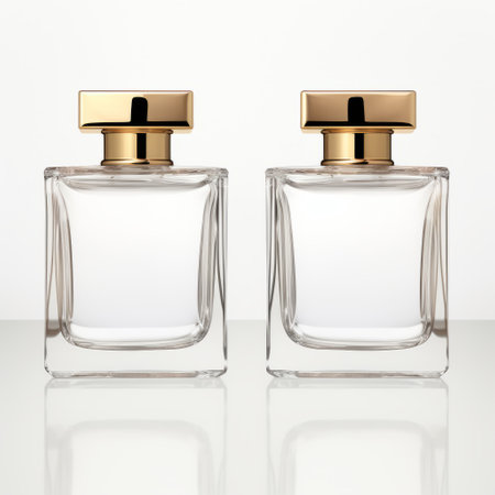 two empty glass perfume bottles with golden trims are showcased on a grey background. the style of the photo is highly realistic, clean, and sharp inking, reminiscent of quadratura. the composition exudes an androgynous vibe, while the oil portraitures capture the beauty of the feminine body. ai generatedの素材
