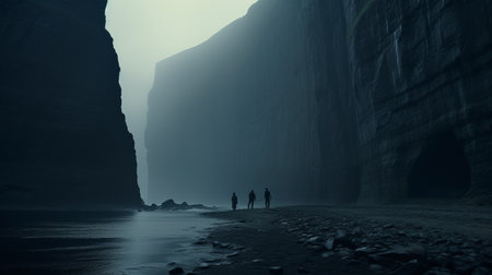 a group of people stands in a deep, rocky area, surrounded by eerie landscapes reminiscent of a cinematic atmosphere. the photo captures the essence of subdued minimalism with its use of screen tones, evoking a science-fiction land. this captivating image could easily grace the pages of national geographic, showcasing a mysterious passage into an otherworldly realm. ai generatedの素材