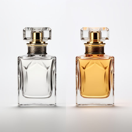 two bottles of perfume, one light gray and the other dark amber, are showcased in this photorealistic image. the bottles are isolated on a white background, exuding an elegant and timeless nostalgia. the intricate details and emotive faces of the bottles add to their beauty, while the crossed colors create a visually stunning effect. ai generatedの素材