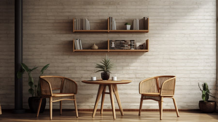 three wooden chairs are placed in the corner of a table, accompanied by a wooden bench and a small bookshelf. this photorealistic rendering showcases a wallpaper with a zen minimalism style, incorporating elements of american mid-century design. the atmospheric mood is enhanced by the traditional vietnamese influence and the use of earth tones. ai generatedの素材
