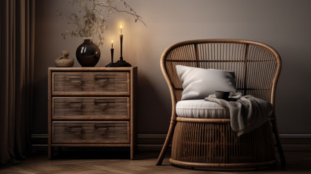 a realistic rendering of a rattan chair in a modern style living room, featuring chiaroscuro lighting. the chair is light brown and brown, adding a cottagecore touch to the room. the scene exudes a romantic atmosphere with a primitivist style, showcasing hyper-detailed rendering. ai generatedの素材