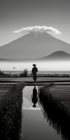 a man walks through a small stream next to a crater, embodying the classic japanese simplicity. this monochrome landscape captures the essence of cultural motifs, reminiscent of a national geographic photo. with sharp focus and high quality, the layered imagery showcases the beauty of this serene scene. ai generatedの素材