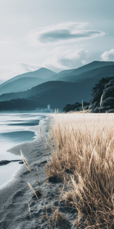 water and grass meet on a sandy beach, creating a serene and picturesque scene reminiscent of mountainous vistas. this captivating image, captured with the tokina at-x 11-16mm f/2.8 pro dx ii lens, showcases the beauty of hazy landscapes with a moody color scheme. the japanese photography influence is evident in the light indigo and gold tones, resulting in a stunning uhd image. ai generatedの素材