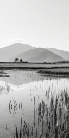 reed swamp water in ireland captured in a black and white photograph, reminiscent of traditional japanese motifs and mountainous vistas. this national geographic photo showcases the beauty of the traditional vietnamese ssaku hanga style, with the vibrant colors of fujifilm velvia adding depth to the image. ai generatedの素材