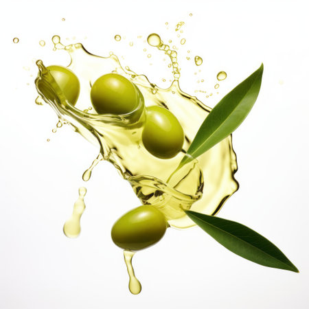 olives and leaves burst out of an olive oil stock photo, showcasing minimal retouching and a dynamic movement. the hyperrealism and fragmented advertising style capture the essence of the moment, resembling molecular structures. this kimoicore image is visually striking and conveys the energy and freshness of olive oil. ai generatedの素材