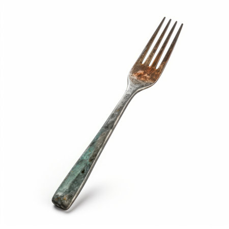 an antique-style fork with a dark silver and teal color combination. this cutripped utensil showcases the aesthetics of the farm security administration from the 1970s to the present. its light emerald and bronze tones reflect the influence of group f64, while its unpolished authenticity adds to its unique charm. ai generatedの素材
